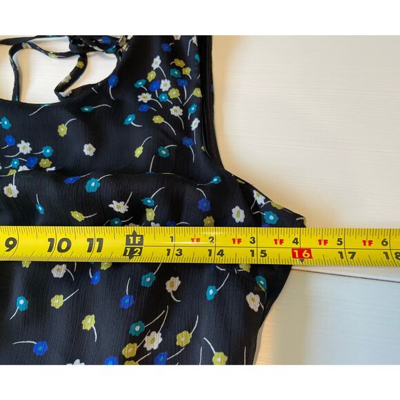 Calvin Klein Dress Black Floral Sleeveless Ruffle Hem Tie Back Neck Sz 2 Lined - Picture 10 of 11